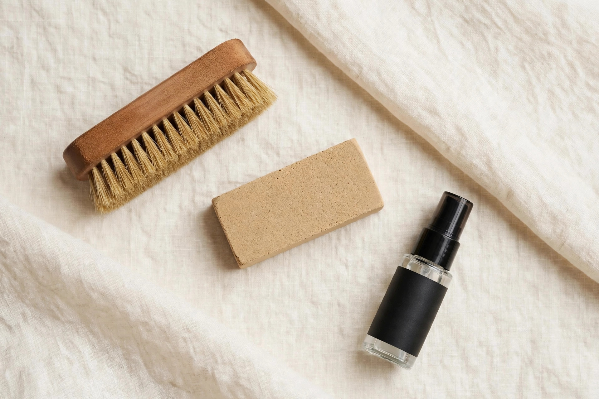 Suede shoe care kit: suede brush, crepe eraser, and protector spray arranged on cream linen