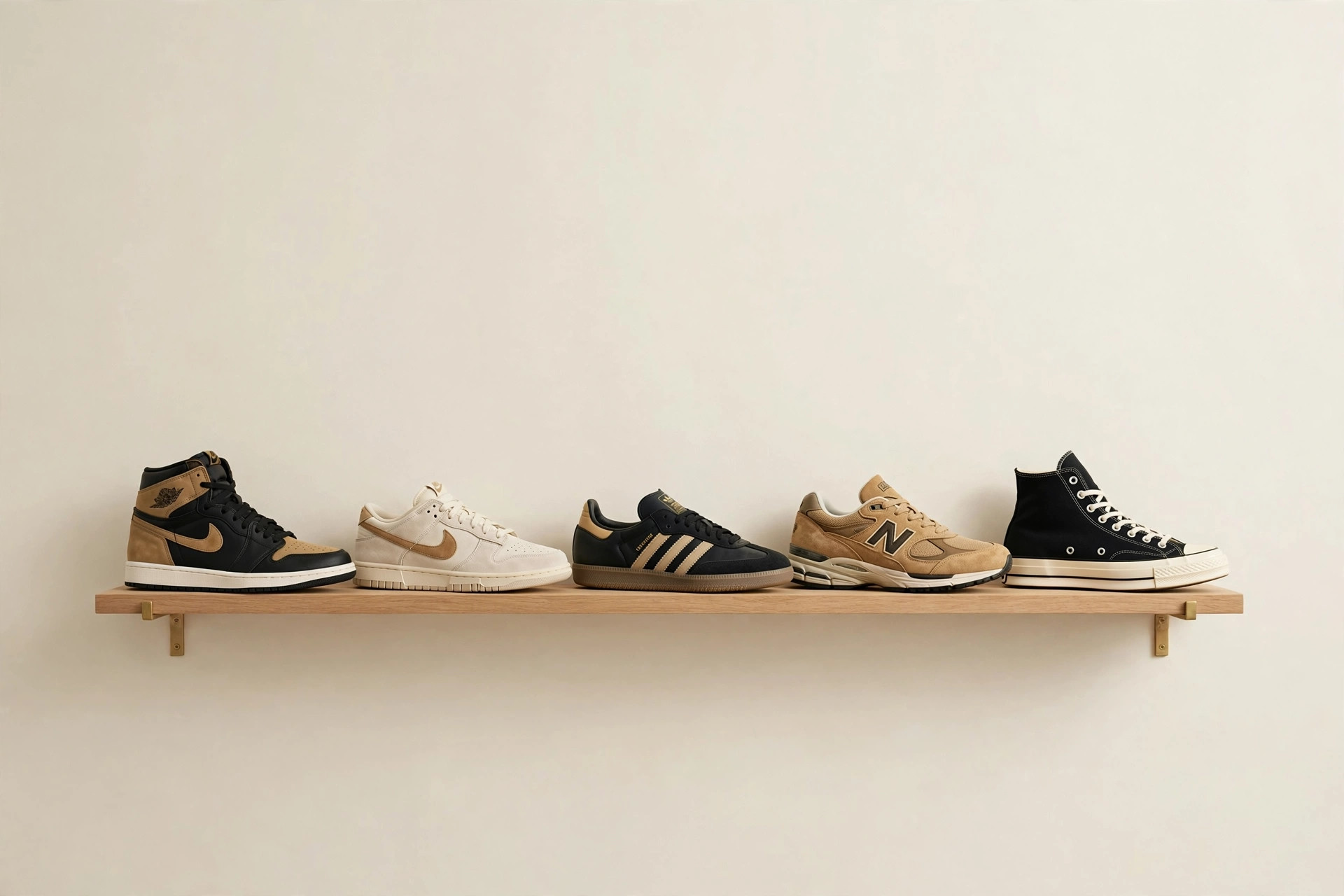 Shelves lined with collectible sneakers in clear display boxes under warm light