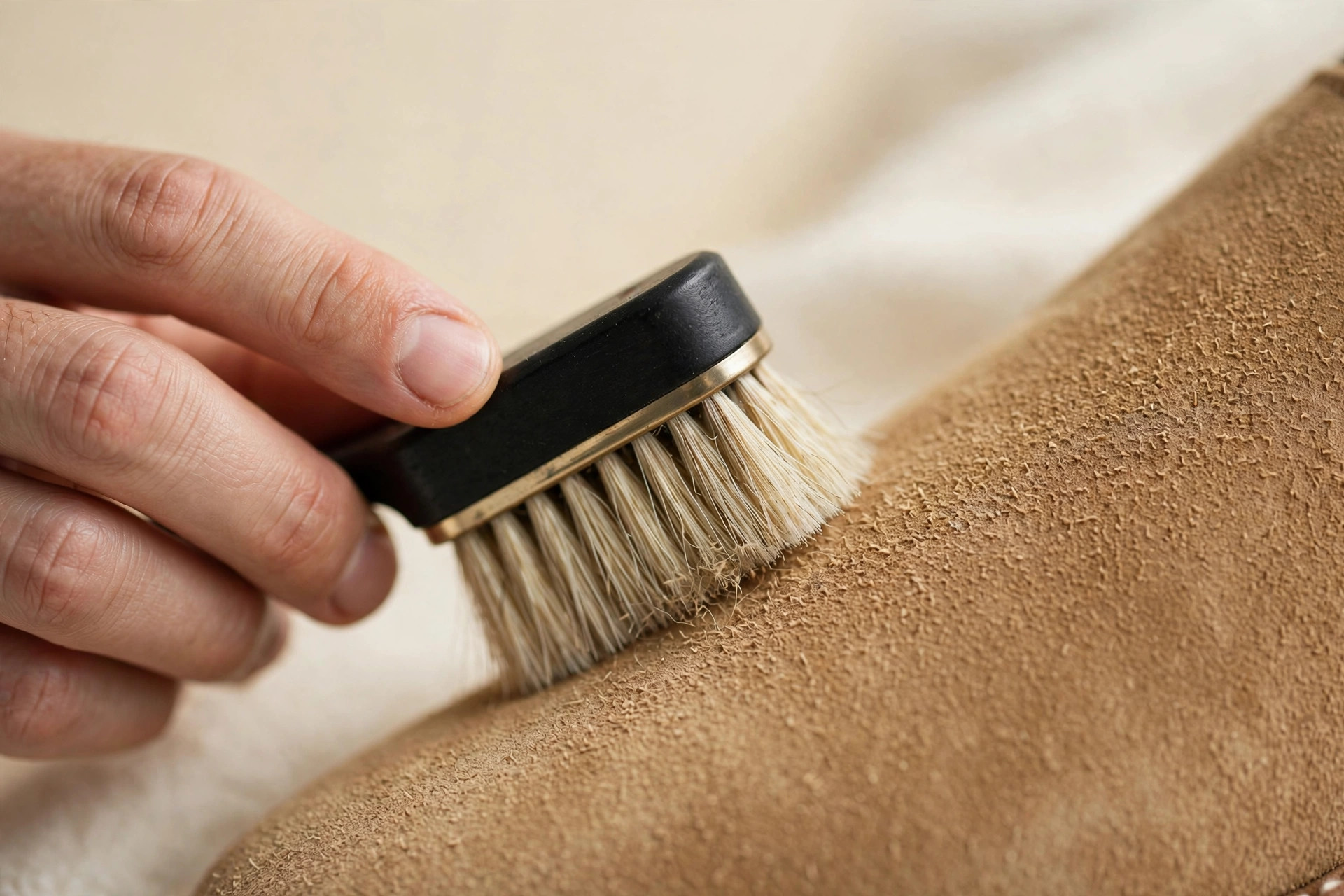 Close-up of a hand gently brushing tan suede with a suede brush, lifting the nap