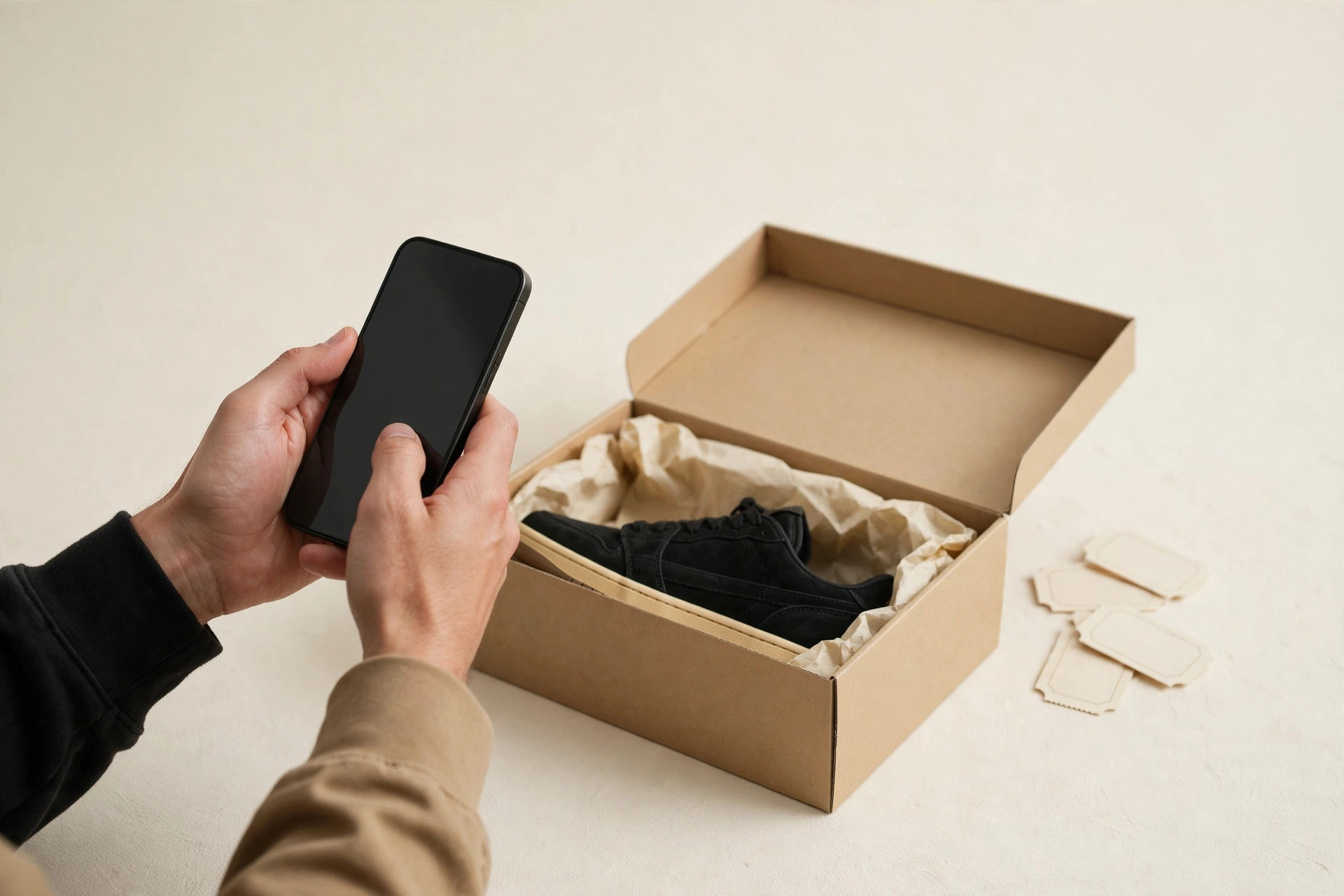 Hands holding a smartphone beside a plain sneaker box, ready to enter a raffle