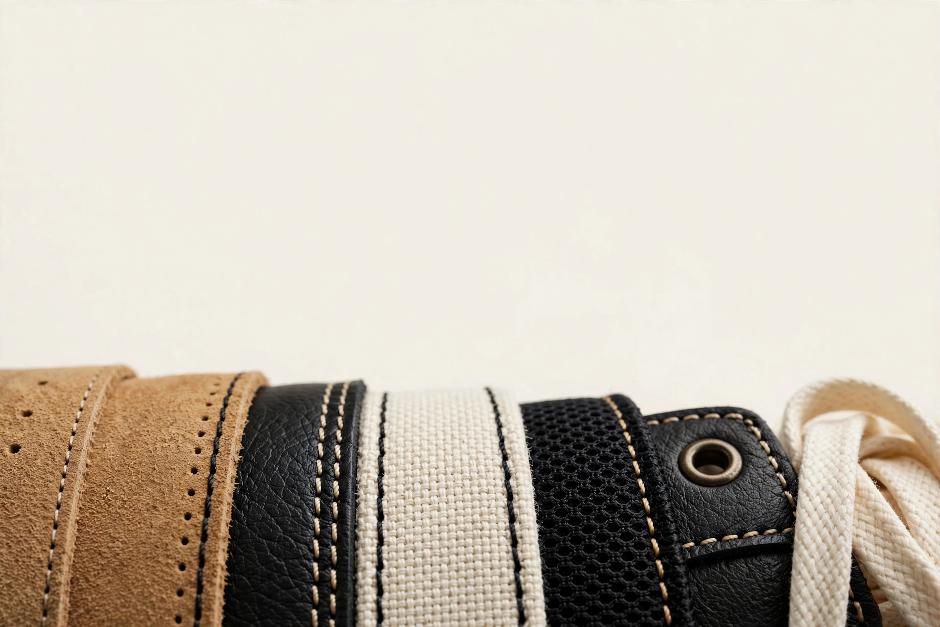 Extreme close-up of premium sneaker stitching, layered suede and leather panels