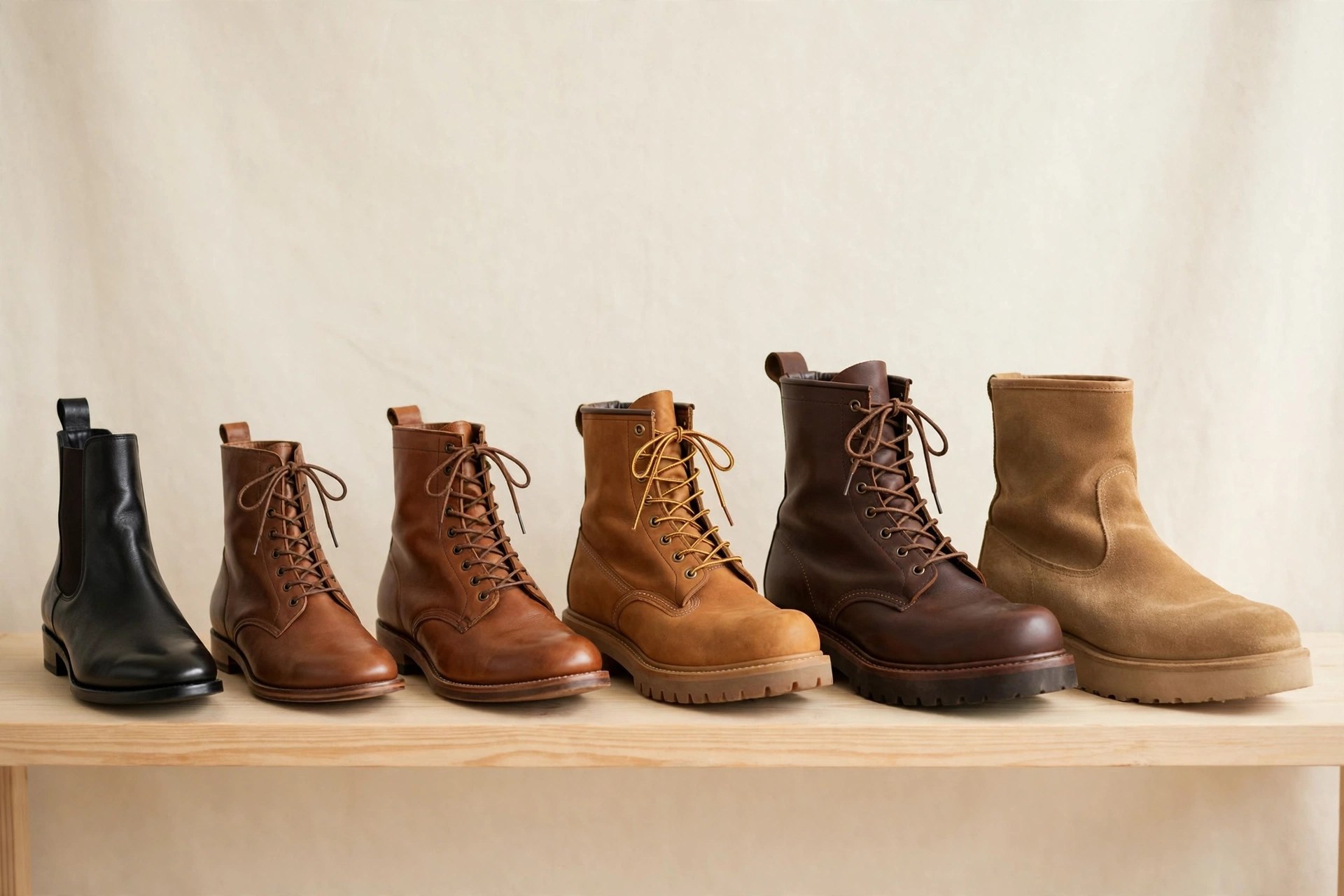 A row of leather boots in different widths on a light wooden shelf against a cream backdrop