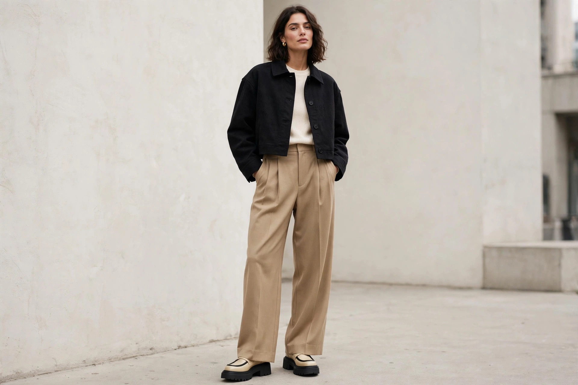 Street style outfit with chunky loafers, pleated wide-leg trousers and a boxy cropped jacket