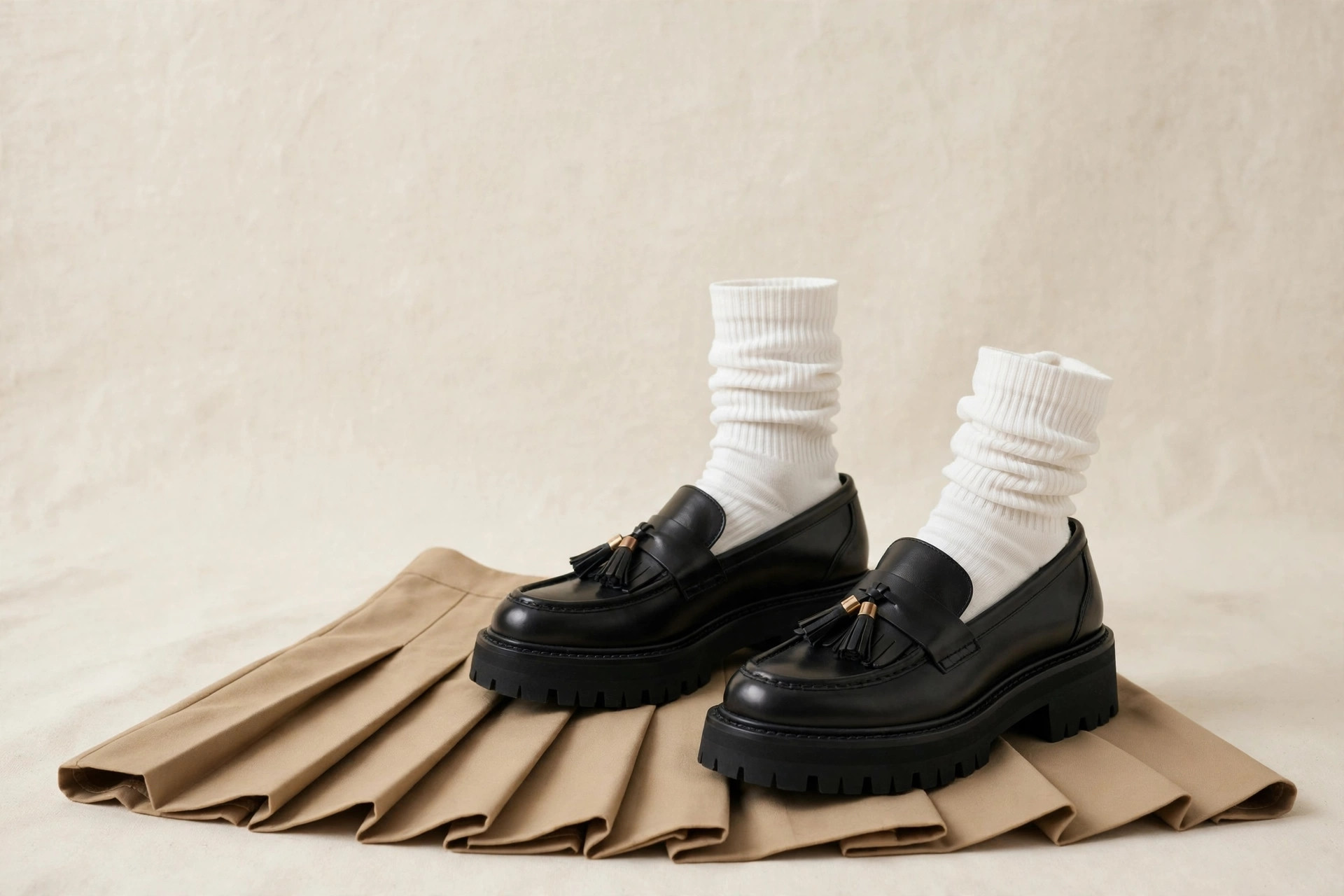 Chunky loafers styled with a pleated mini skirt and pulled-up crew socks in street style